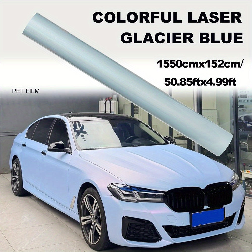 1550×152厘米\u002F50.85×4.99英尺 彩色激光冰川蓝汽车变色膜 | 适用于汽车与摩托车 | 自粘防气泡设计 | 全车保护层